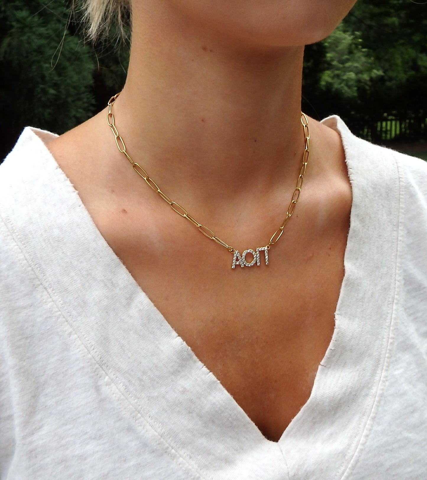 Alpha Omicron Pi Rhinestone Letters Necklace